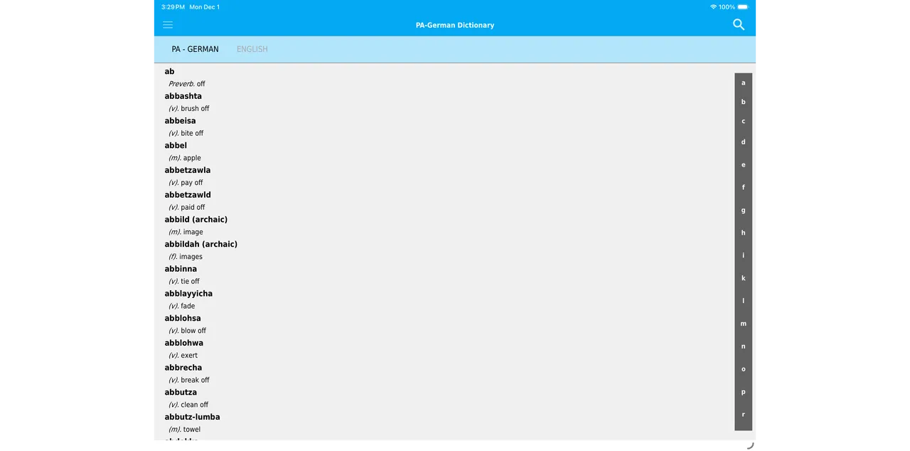 Screenshot of dictionary app on iPad